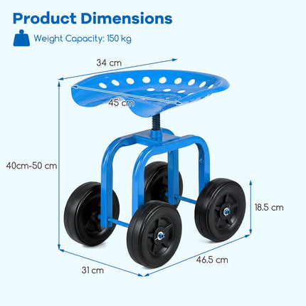 Garden Trolley with Swivel Seat, Adjustable Height, Blue