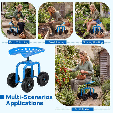Garden Trolley with Swivel Seat, Adjustable Height, Blue