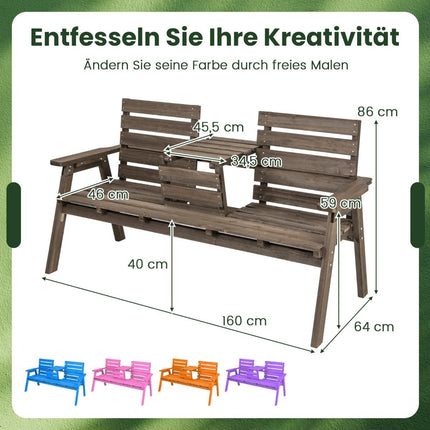 Garden bench with folding center table & backrest wooden bench load capacity 320 kg brown