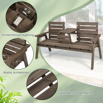 Garden bench with folding center table & backrest wooden bench load capacity 320 kg brown