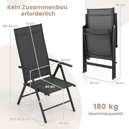 Garden chairs with 7-way adjustable backrest, folding chairs, load capacity up to 180 kg, black, 1 piece