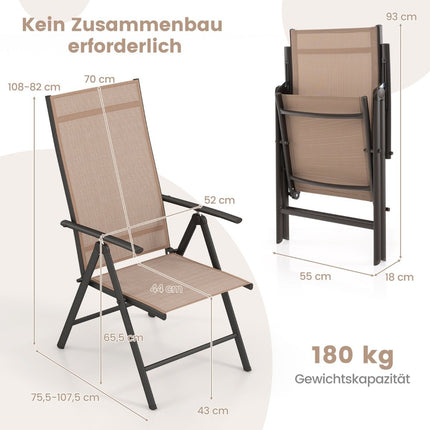 Garden chairs with 7-way adjustable backrest, folding chairs, load capacity up to 180 kg, brown, 1 piece