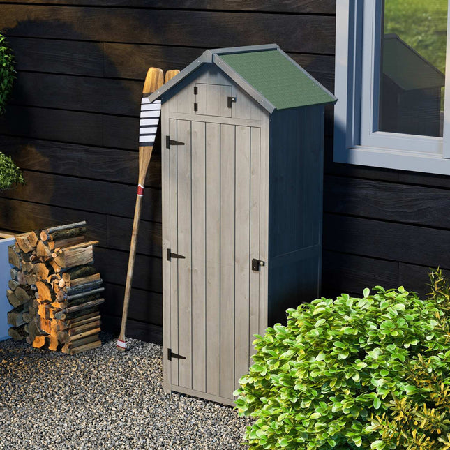 Wooden garden tool shed - Gray & Green, With shelves, 77x54x179 cm