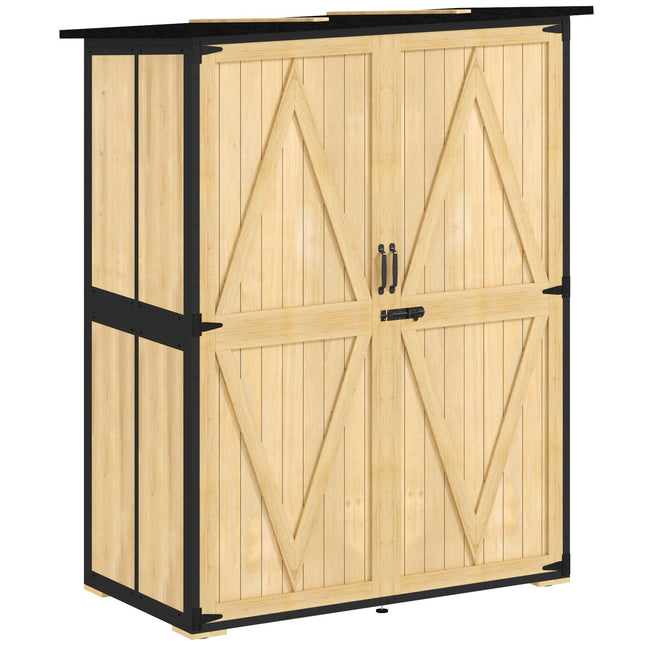 Weatherproof wooden garden tool shed with shelves