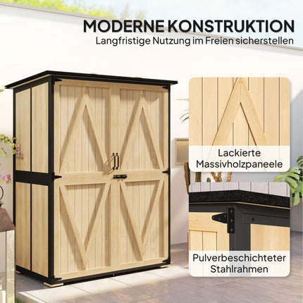 Tuinkast, houten gereedschapsschuur, weerbestendige gereedschapskast met 2 deuren, planken, gereedschapshuis met asfaltdak, gereedschapskast voor tuin, terras, 140 x 74 x 173 cm, natuurlijk hout |