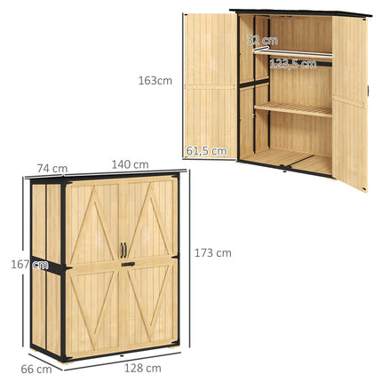 Tuinkast, houten gereedschapsschuur, weerbestendige gereedschapskast met 2 deuren, planken, gereedschapshuis met asfaltdak, gereedschapskast voor tuin, terras, 140 x 74 x 173 cm, natuurlijk hout |