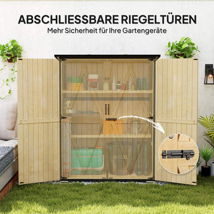 Tuinkast, houten gereedschapsschuur, weerbestendige gereedschapskast met 2 deuren, planken, gereedschapshuis met asfaltdak, gereedschapskast voor tuin, terras, 140 x 74 x 173 cm, natuurlijk hout |