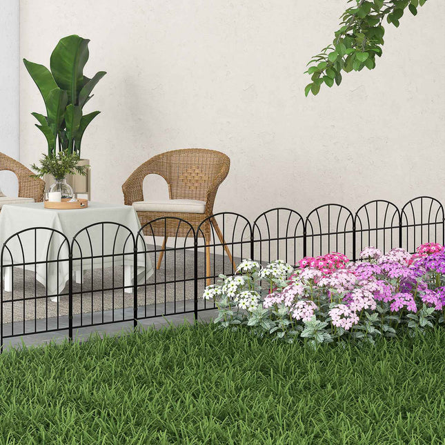 Decorative metal garden fence with base, set of 8, black