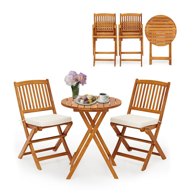 Garden furniture set 3-piece balcony furniture set with 2 chairs and round coffee table made of acacia wood, foldable bistro set for terrace, beige