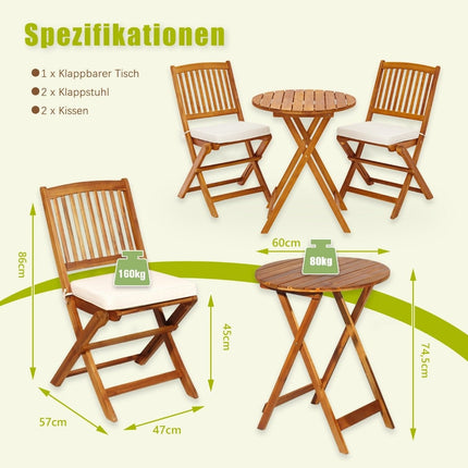 Tuinmeubelset 3-delige balkonmeubelset met 2 stoelen en ronde salontafel van acaciahout, opvouwbare bistroset voor terras, beige