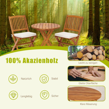 Tuinmeubelset 3-delige balkonmeubelset met 2 stoelen en ronde salontafel van acaciahout, opvouwbare bistroset voor terras, beige