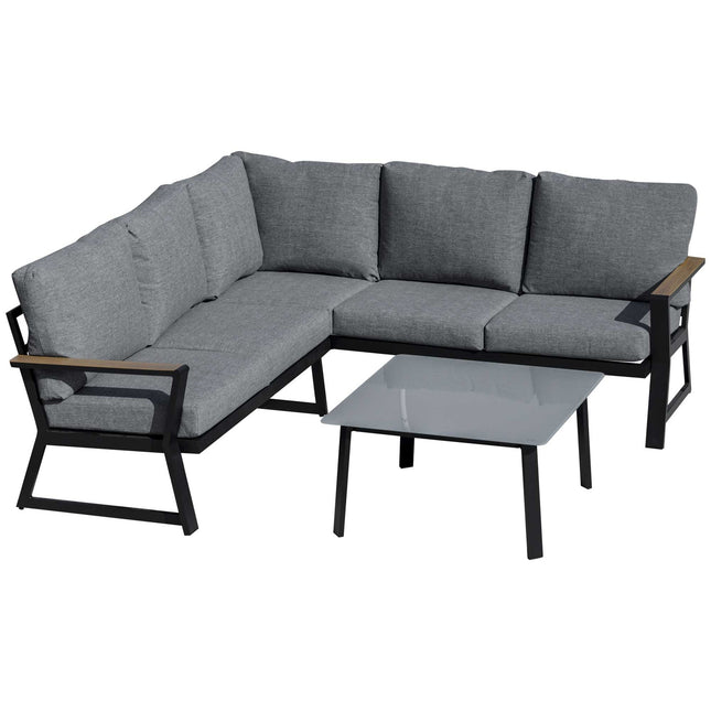 L-shaped outdoor furniture set, aluminum sofa and table, gray cushions