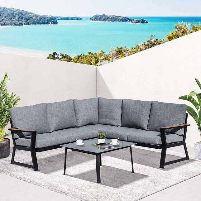 L-shaped outdoor furniture set, aluminum sofa and table, gray cushions