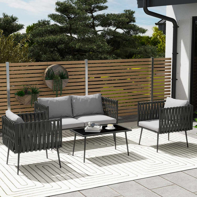 Garden furniture set for 4 people, weatherproof, balcony furniture set with 2-seater sofa, armchair, glass table, seat cushion, light grey