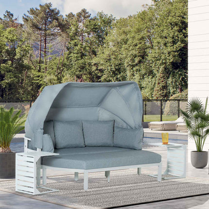 Tuinmeubelset voor 5 personen met bijzettafel en dak, kussens van PP-kunststof en polyester, 190/133B x 81D x 73/62H cm, wit en grijs |