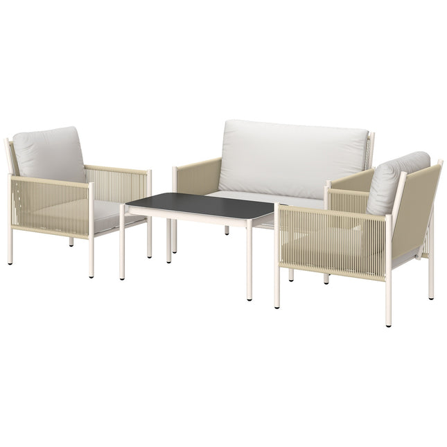 Outdoor poly rattan lounge set with cushions, seats 4