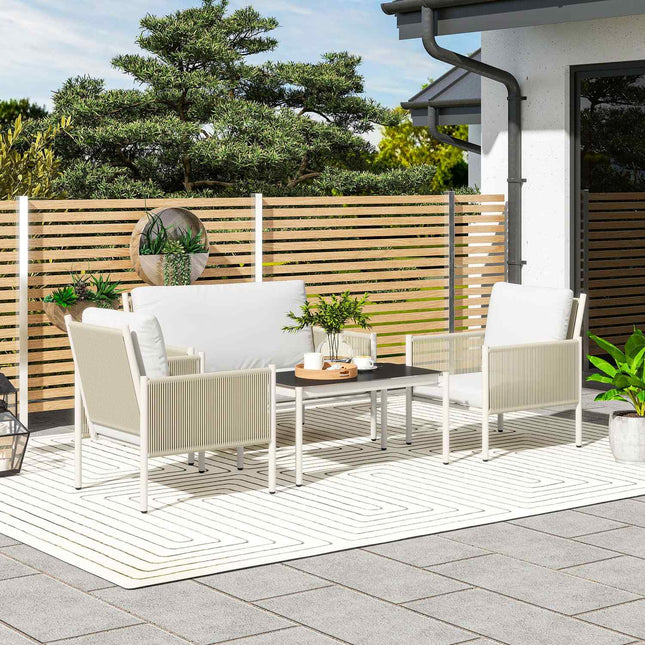 Outdoor poly rattan lounge set with cushions, seats 4