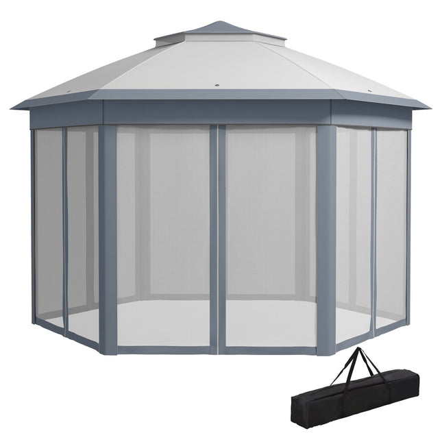 Hexagonal pop-up party tent, 4x4m, with 6 side panels, grey