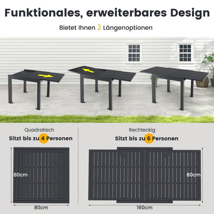 Garden table aluminum extendable 80/160 x 80cm dining table weatherproof dark gray