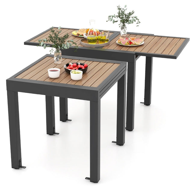 Tuintafel aluminium uitschuifbaar 80/160 x 80 cm weerbestendige eettafel met tafelblad in houtlook