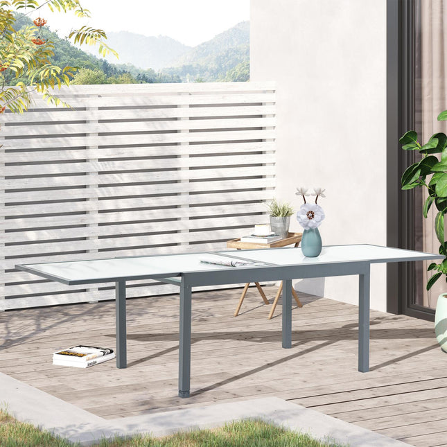 Tuintafel eettafel met gehard glazen blad 160-210 cm uitschuifbaar, aluminium, rechthoekig, grijswit voor balkon- & tuinmeubelen