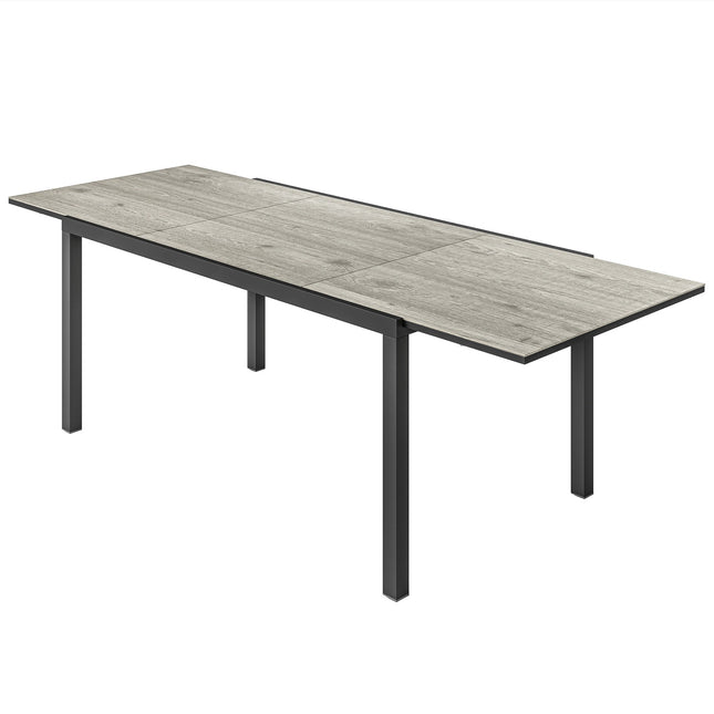 Tuintafel uitschuifbare eettafel voor 6-8 personen, 160/240 x 90cm aluminium balkontafel met houtlook, weerbestendige terrastafel, buitenbuffettafel voor tuin, terras, balkon, grijs