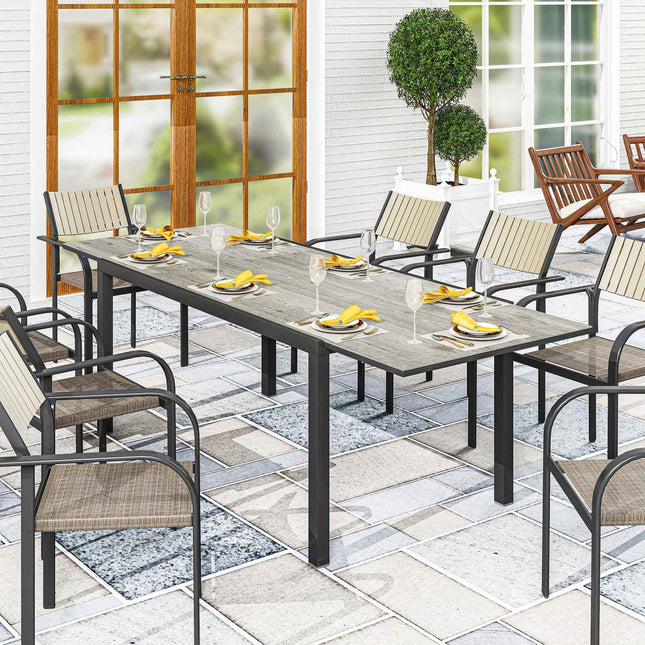 Tuintafel uitschuifbare eettafel voor 6-8 personen, 160/240 x 90cm aluminium balkontafel met houtlook, weerbestendige terrastafel, buitenbuffettafel voor tuin, terras, balkon, grijs