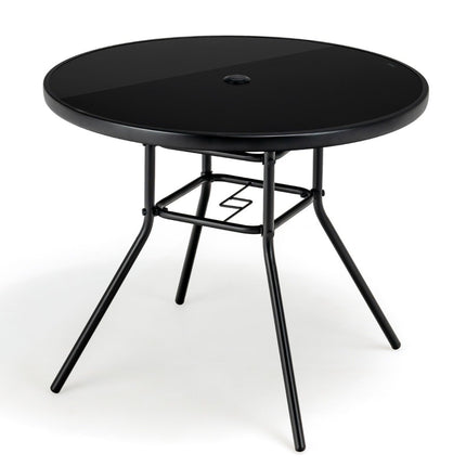 Garden table with tempered glass table top patio table with umbrella hole 86 x 86 x 71 cm black