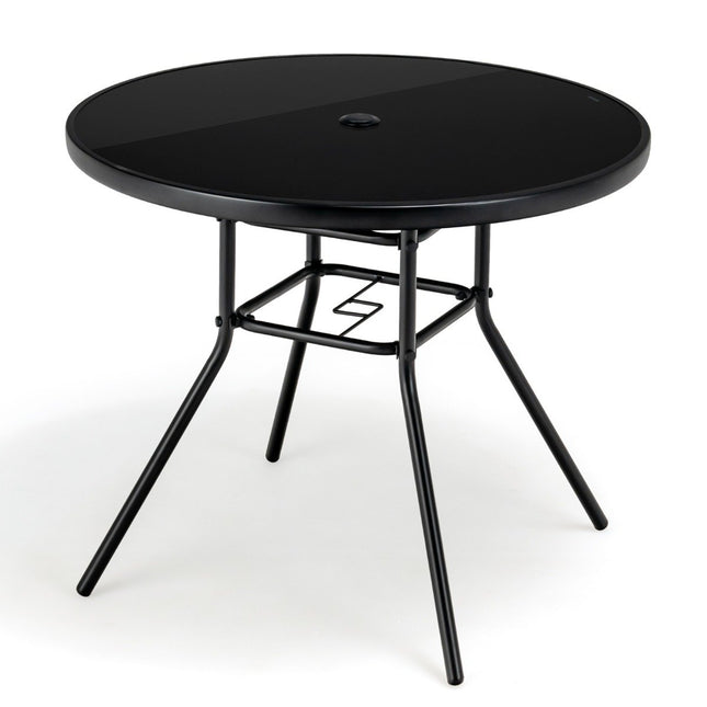 Garden table with tempered glass table top patio table with umbrella hole 86 x 86 x 71 cm black