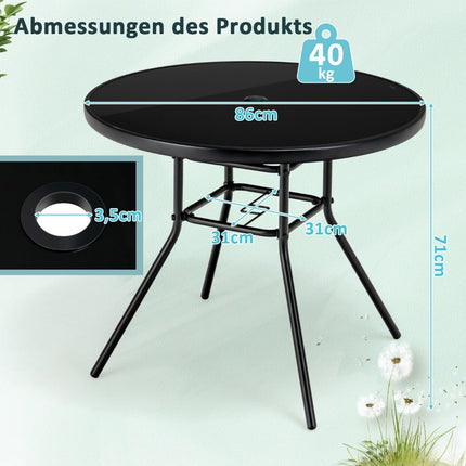 Garden table with tempered glass table top patio table with umbrella hole 86 x 86 x 71 cm black