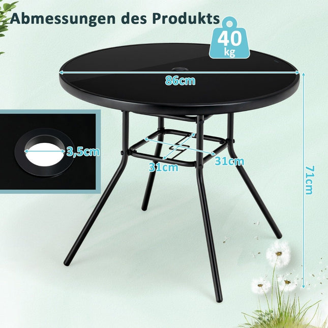 Garden table with tempered glass table top patio table with umbrella hole 86 x 86 x 71 cm black