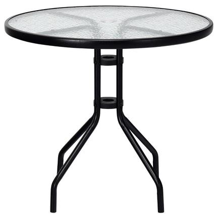 Garden table with tempered glass table top & umbrella hole & metal frame patio table