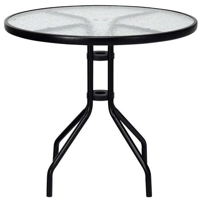Garden table with tempered glass table top & umbrella hole & metal frame patio table