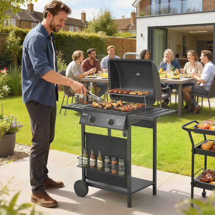 Gas Grill 5kW, 2 Burners, Stainless Steel, Side Tables