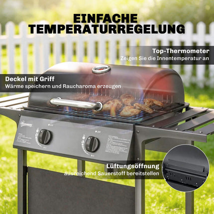 Gas Grill 5kW, 2 Burners, Stainless Steel, Side Tables