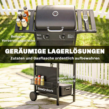Gas Grill 5kW, 2 Burners, Stainless Steel, Side Tables