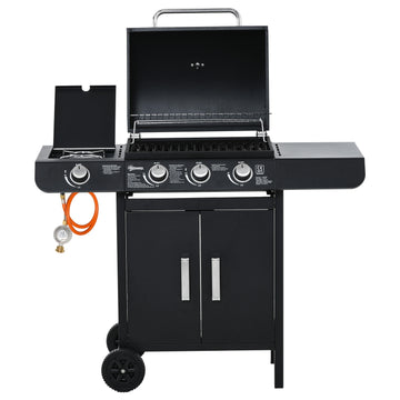 Gas grill with 3 burners & 1 side burner, black steel cabinet