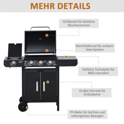 Gas grill with 3 burners & 1 side burner, black steel cabinet