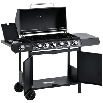 Gas grill with 6 burners, side burner, storage cabinet
