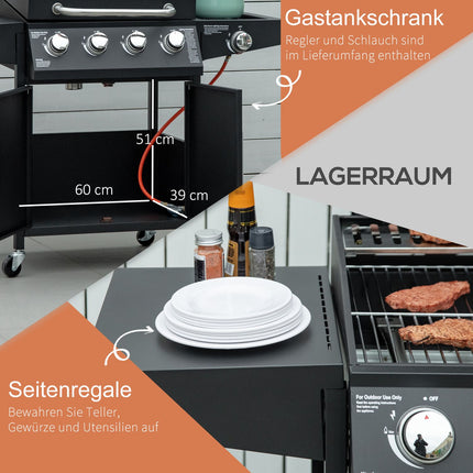 Gas grill BBQ, 3 burners, mobile cart with side table