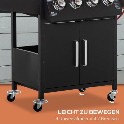 Gas grill BBQ, 3 burners, mobile cart with side table