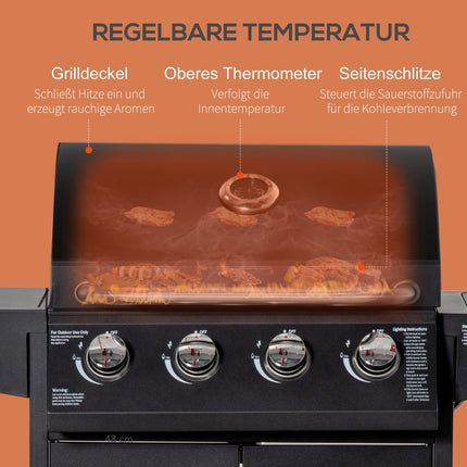 Gas grill BBQ, 3 burners, mobile cart with side table