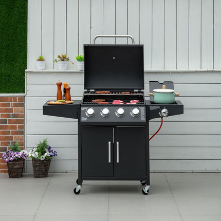 Gas grill BBQ, 3 burners, mobile cart with side table