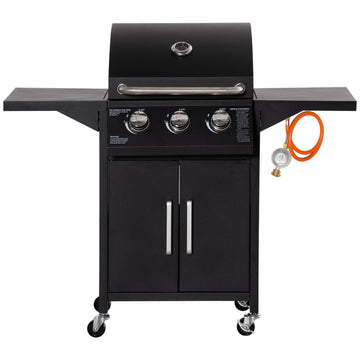 3-burner gas grill, mobile cart, steel, with side table
