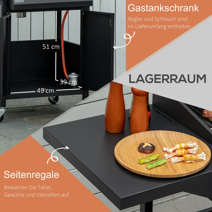 3-burner gas grill, mobile cart, steel, with side table