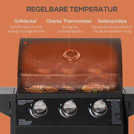 3-burner gas grill, mobile cart, steel, with side table