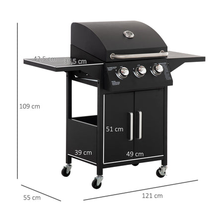 3-burner gas grill, mobile cart, steel, with side table