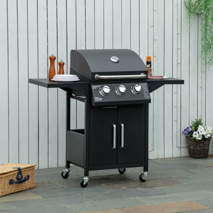 3-burner gas grill, mobile cart, steel, with side table