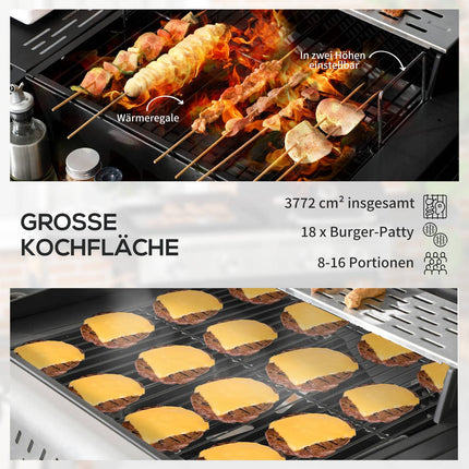 Gas barbecue cart with 3 burners, thermometer, shelves