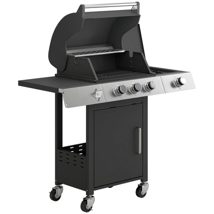 Gas Grill with 3 Burners, Side Burner, Cast Iron Grates